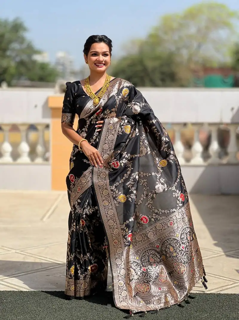 Black art banarasi silk meenakari woven saree