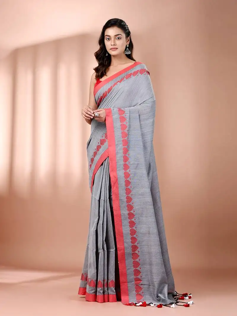 Grey cotton soft saree with woven heart borders