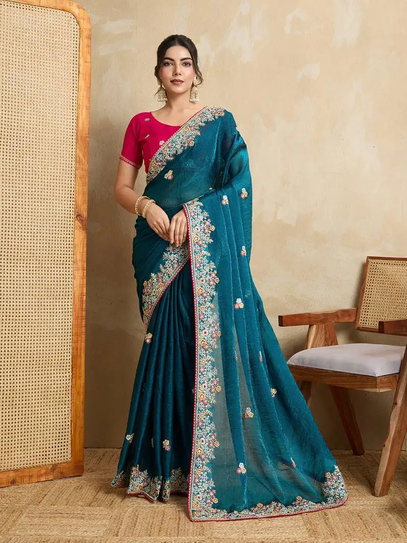 Teal blue embroidery work frendy chiffon saree