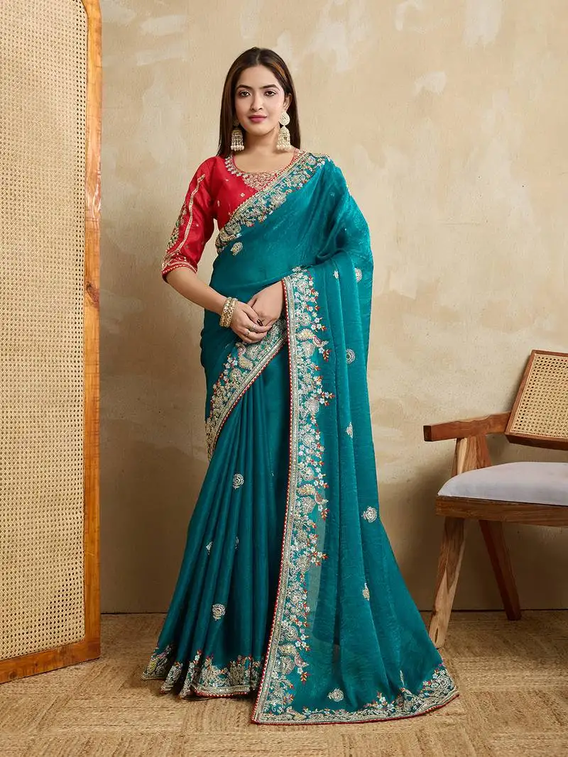 Teal green embroidery work frendy chiffon saree