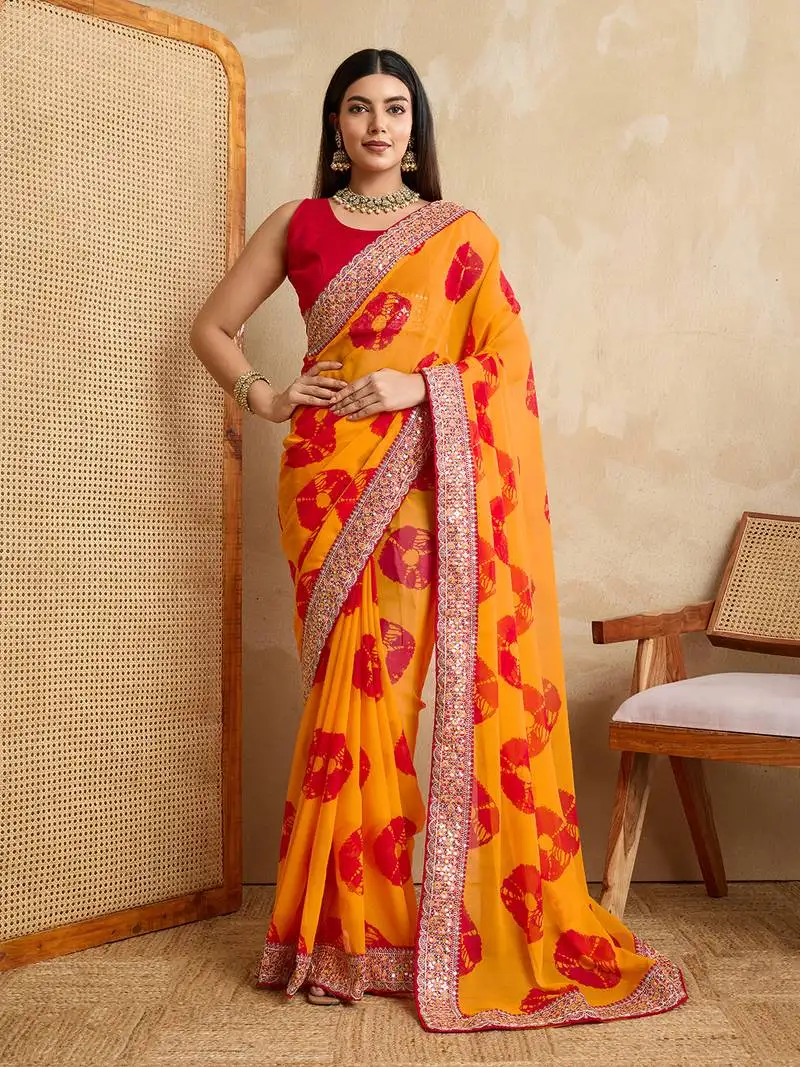 Yellow georgette festive wear saree