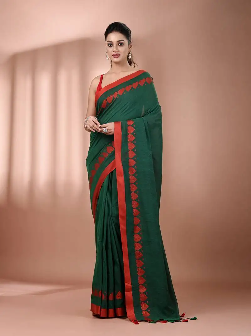Green cotton soft saree with woven heart borders