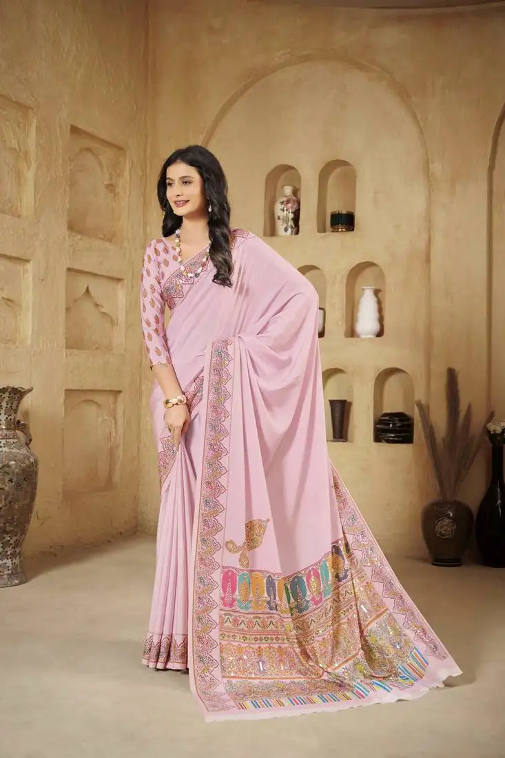 Baby pink digital foil printed crepe silk blend saree