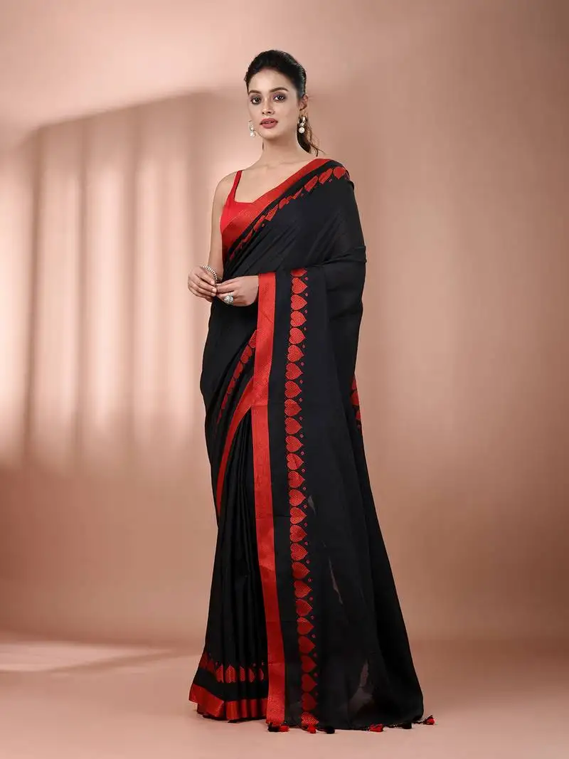Black cotton soft saree with woven heart borders