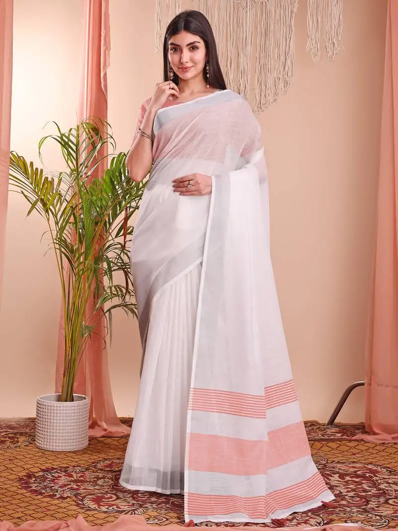 White cotton blend woven saree