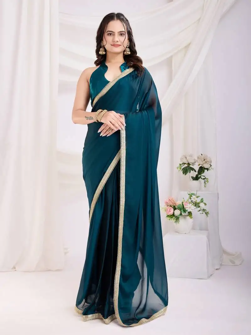Teal blue silk blend pre stitched solid printed saree with lace border
