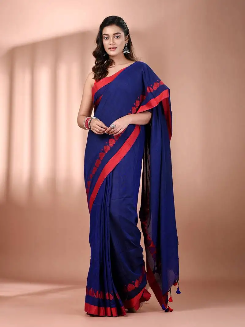 Royal blue cotton soft saree with woven heart borders