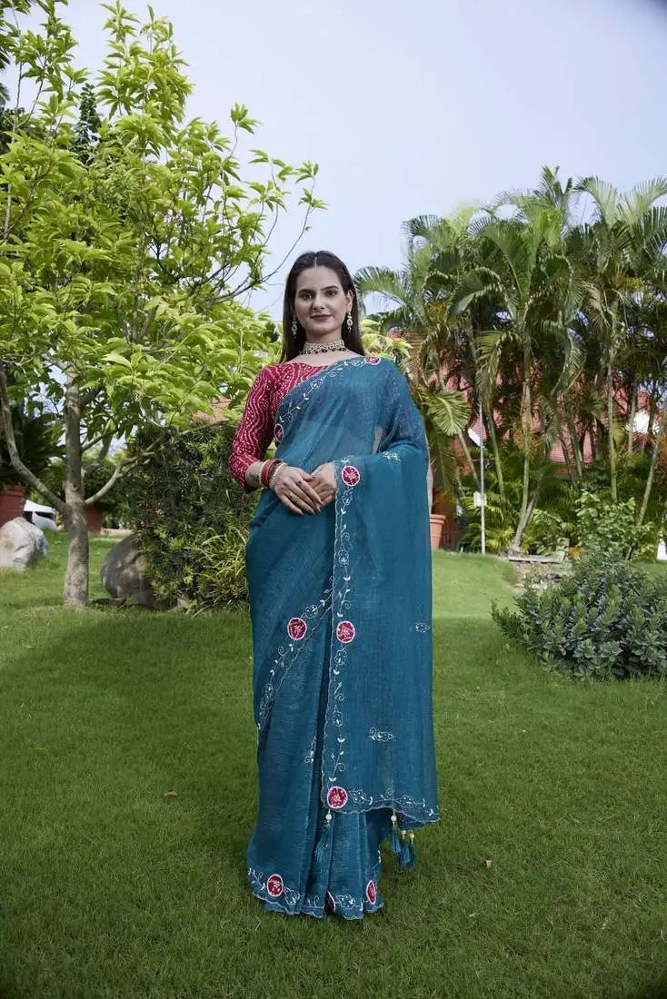 Teal chiffon festive saree