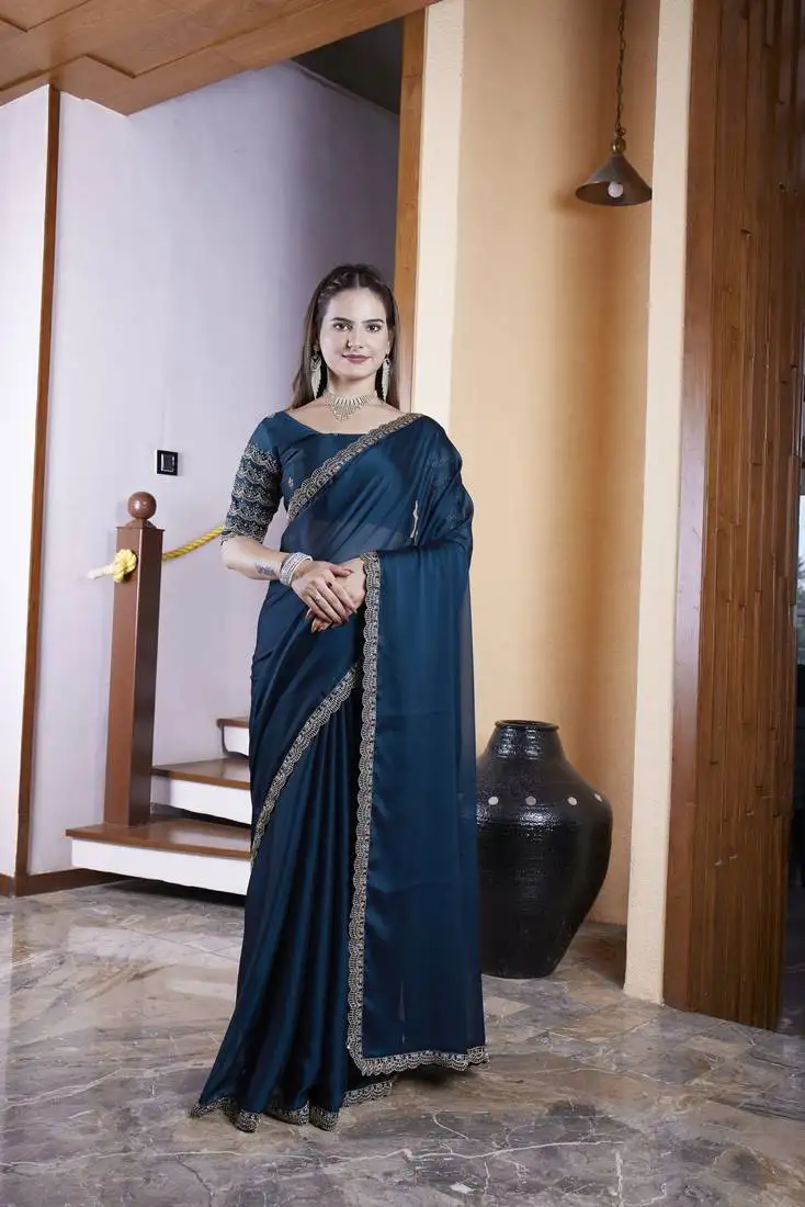 Teal blue chiffon embroidered saree