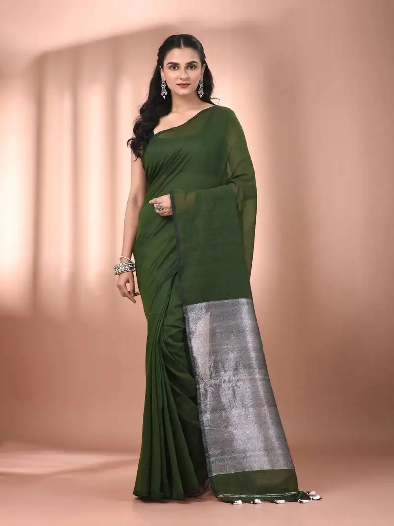 Forest green cotton soft saree with contrast silver pallu