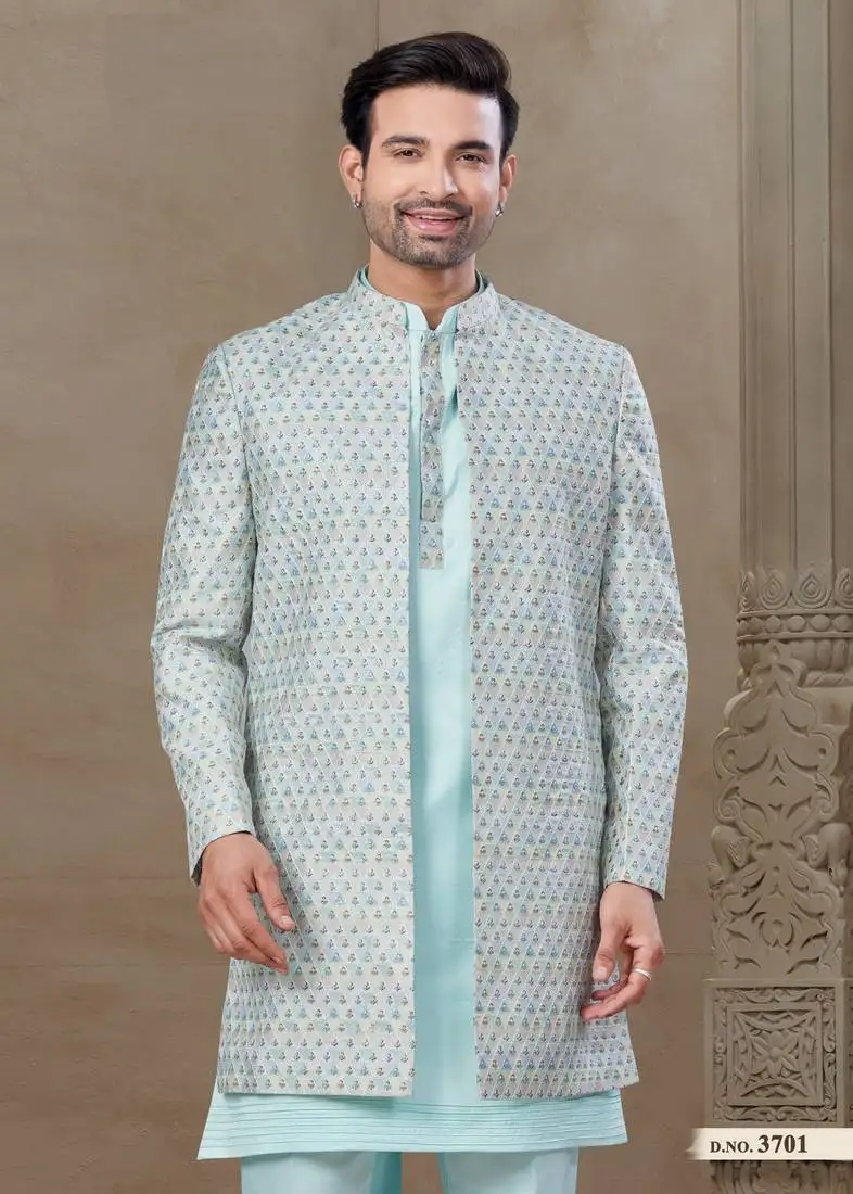 Sky blue fancy silk kurta pyjama with jacquard silk modi jacket indo western for mens wear