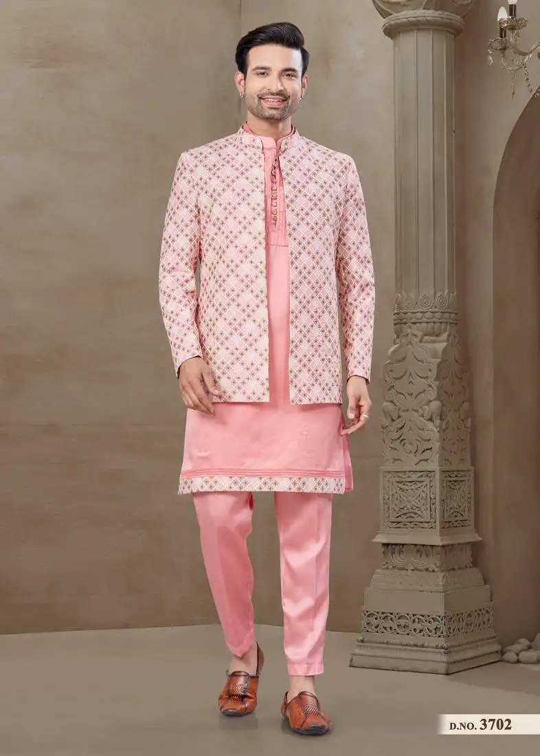 Pink fancy silk kurta pyjama with jacquard silk modi jacket indo western for mens wear