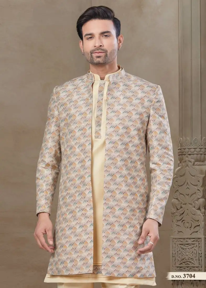 Gold fancy silk kurta pyjama with jacquard silk modi jacket indo western for mens wear