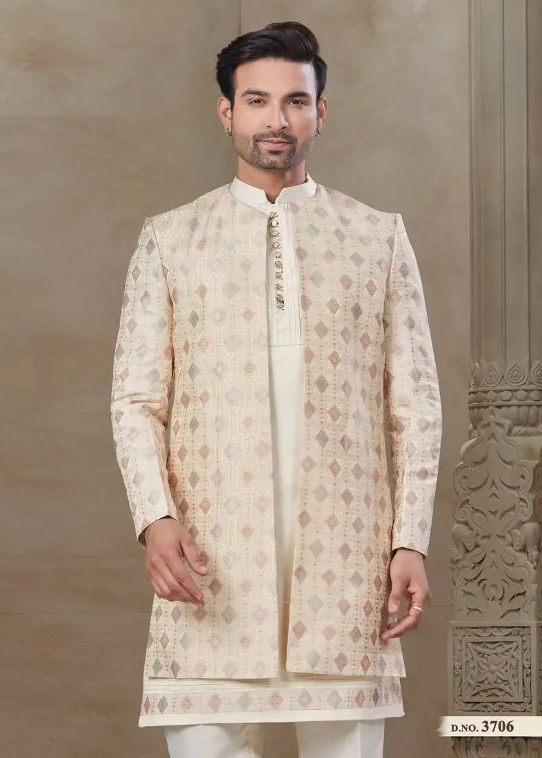 Cream fancy silk kurta pyjama with jacquard silk modi jacket indo western for mens wear