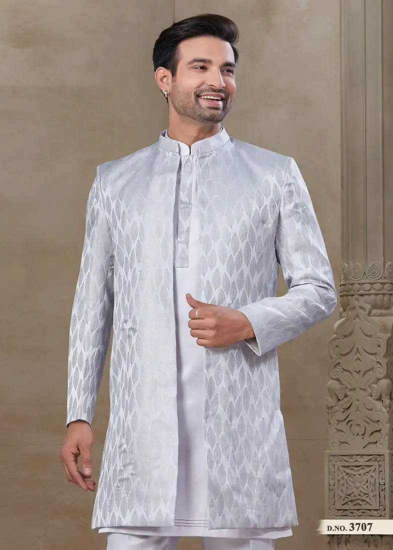 White fancy silk kurta pyjama with jacquard silk modi jacket indo western for mens wear