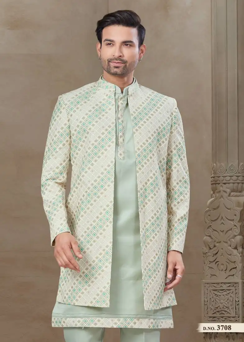 Pista fancy silk kurta pyjama with jacquard silk modi jacket indo western for mens wear
