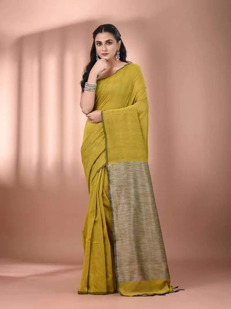 Corn yellow cotton soft saree with contrast beige pallu