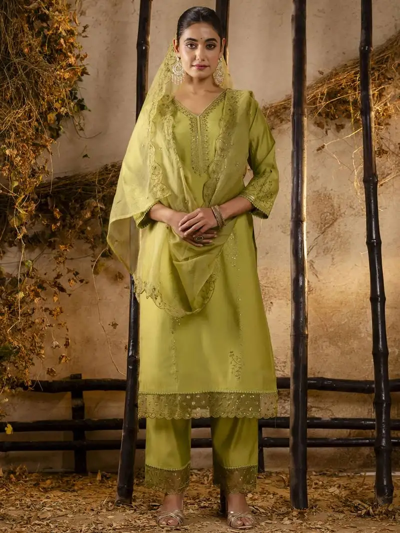 Mehendi embroidered viscose roman silk salwar suit