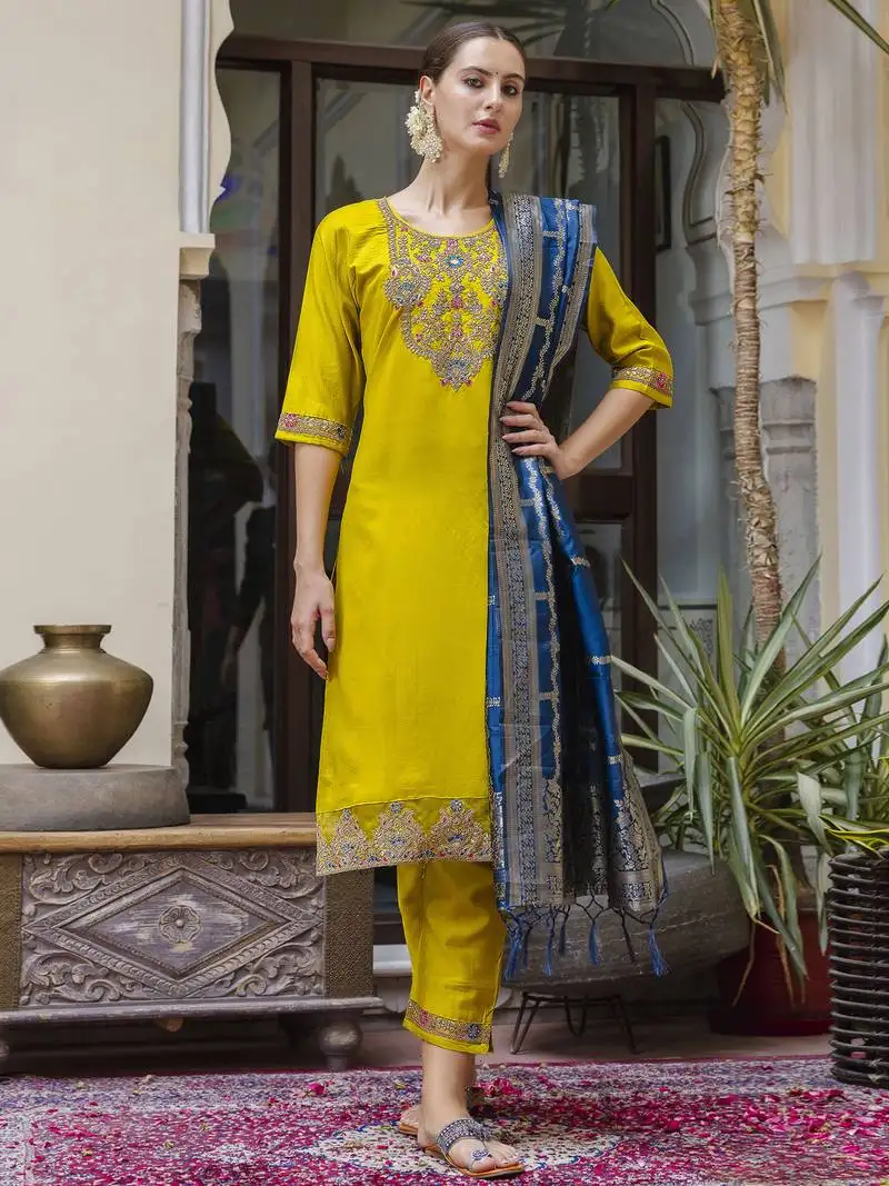 Yellow embroidered viscose rayon salwar suit
