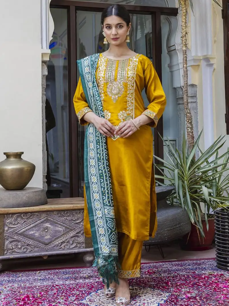 Yellow embroidered silk blend salwar suit