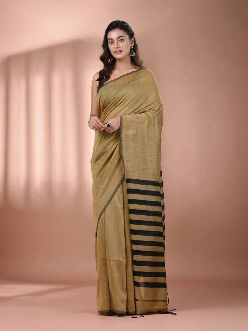 Beige cotton soft saree with stripes pallu