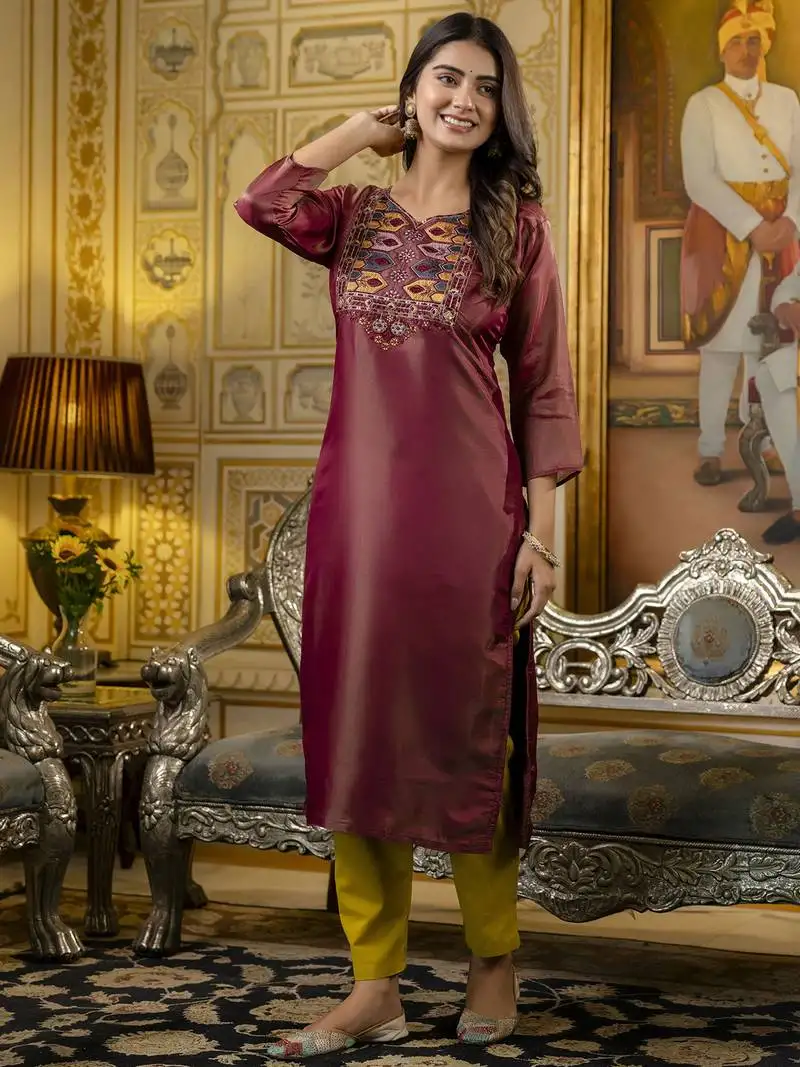 Brown embroidered shimmer silk salwar suit