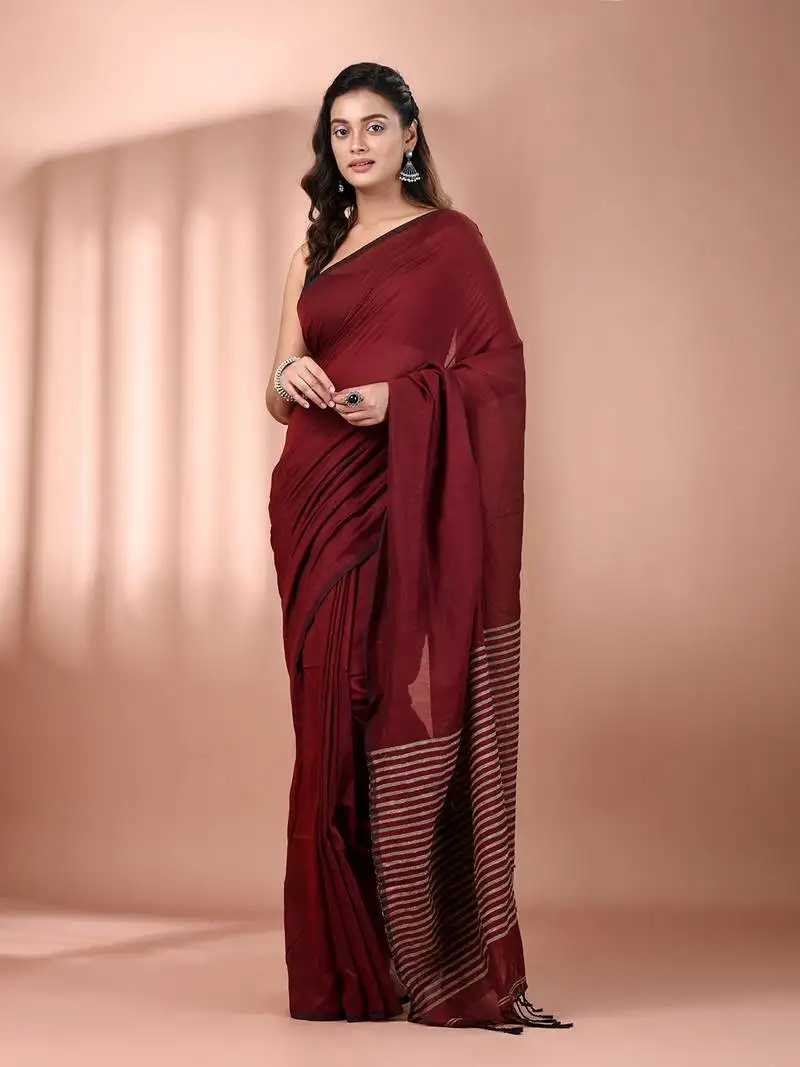 Dark red cotton soft saree with stripes pallu
