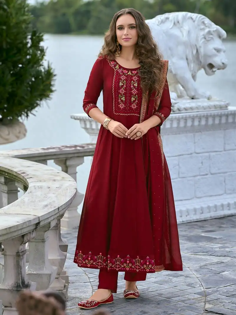 Red embroidered vichitra silk salwar suit