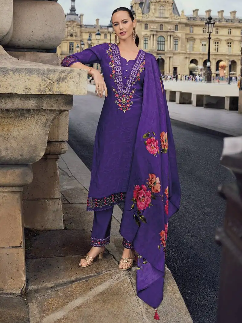 Purple embroidered viscose silk salwar suit