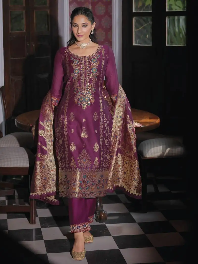 Purple embroidered jacquard silk salwar suit