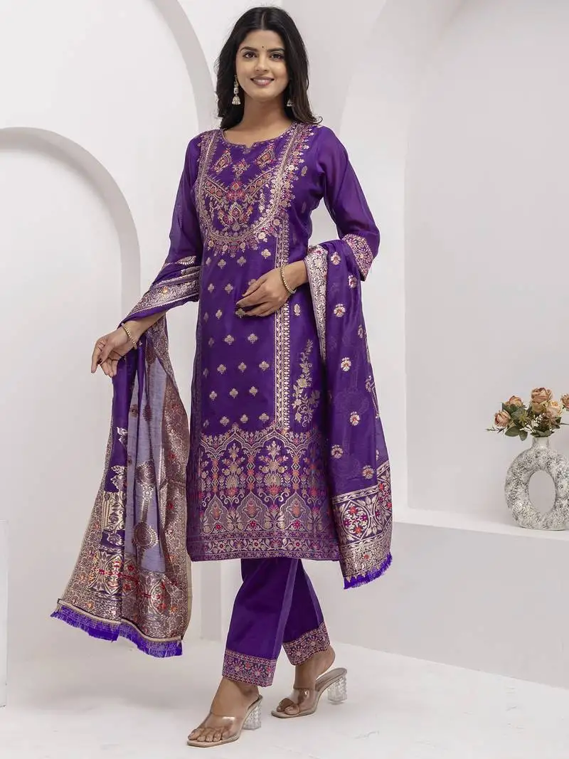 Blue embroidered jacquard silk salwar suit