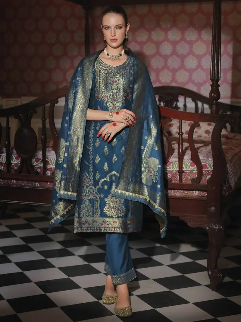 Teal embroidered jacquard silk salwar suit
