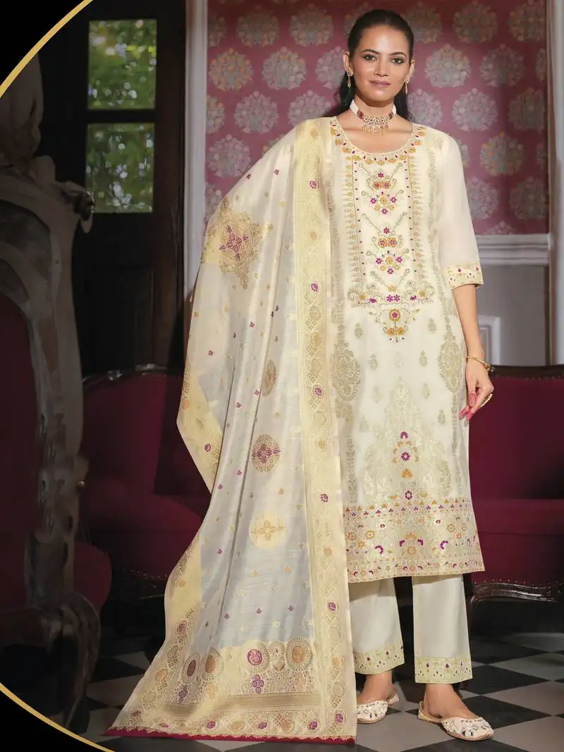 White embroidered jacquard silk salwar suit