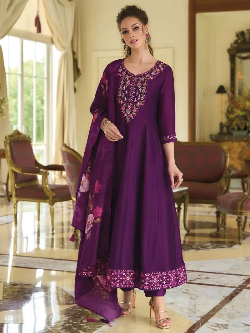 Purple embroidered vichitra silk salwar suit