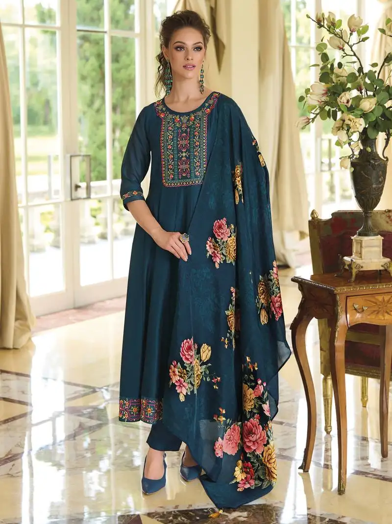 Teal embroidered vichitra silk salwar suit