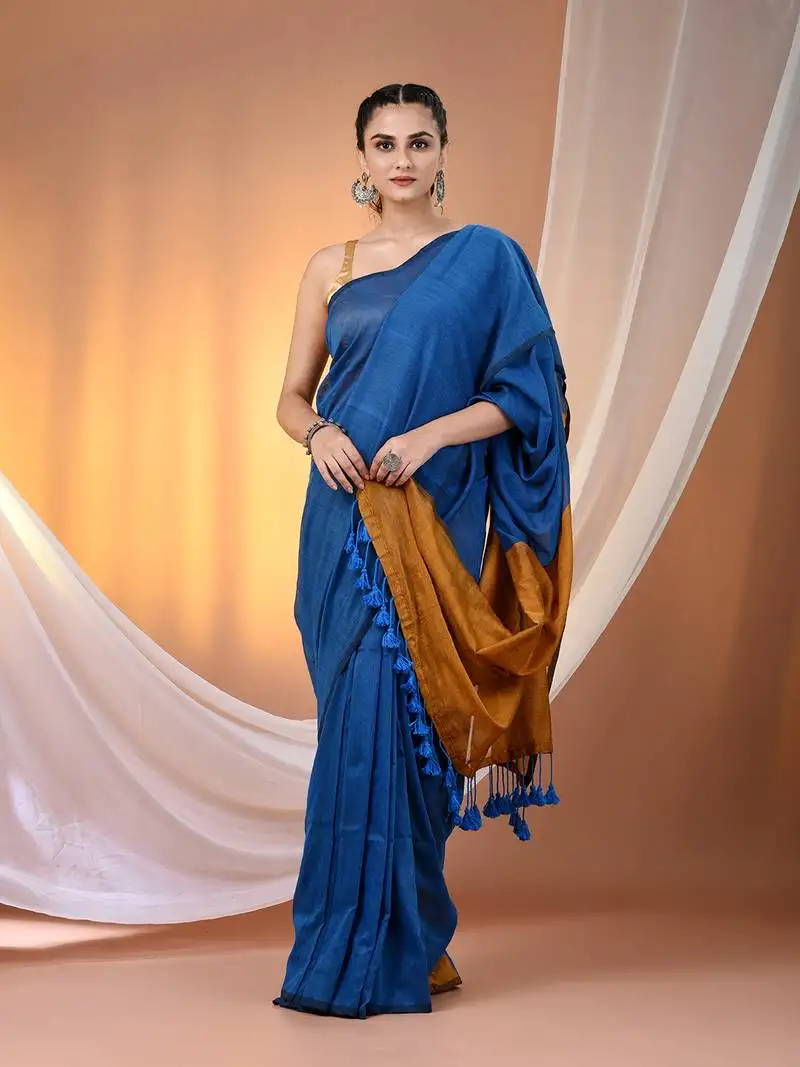 Yale blue cotton soft saree with contrast mustard pallu