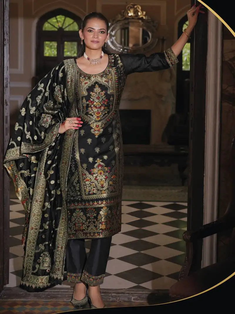 Black embroidered jacquard silk salwar suit
