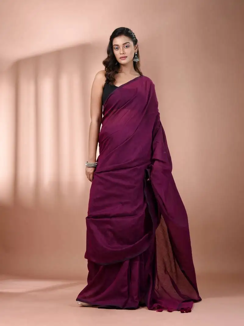 Magenta cotton handspun soft saree with pompom