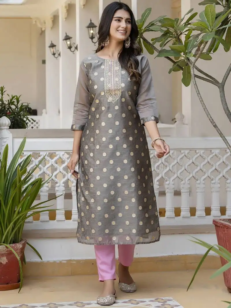 Grey embroidered silk blend salwar suit