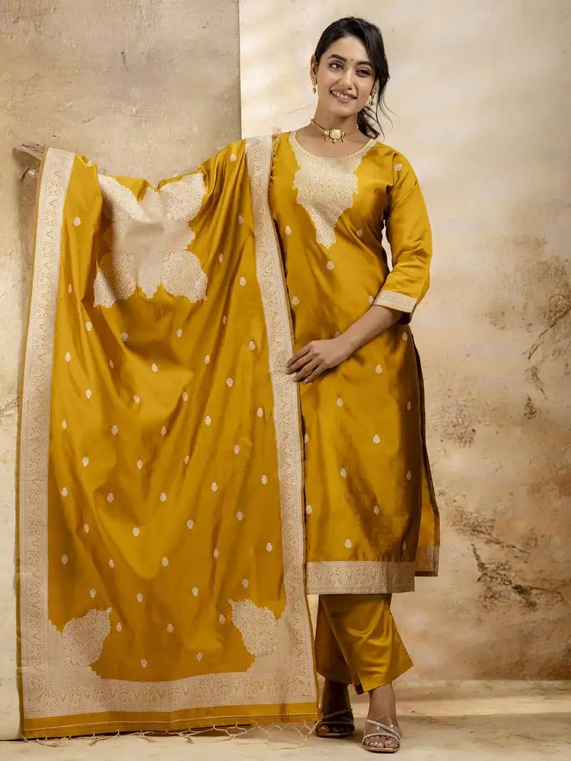 Yellow embroidered cotton blend salwar suit