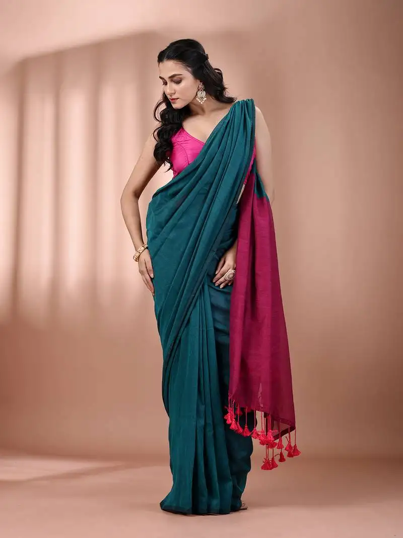 Teal cotton soft saree with contrast magenta pallu