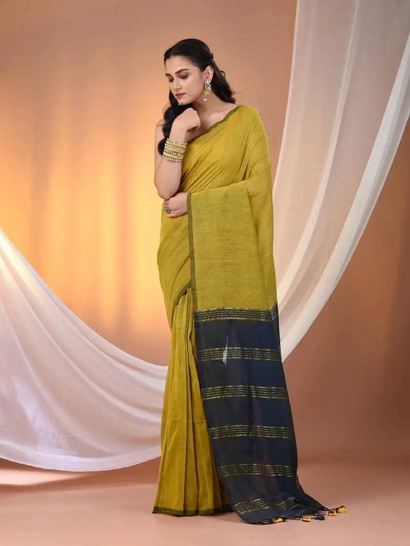 Corn yellow cotton soft saree with zari stripe pallu