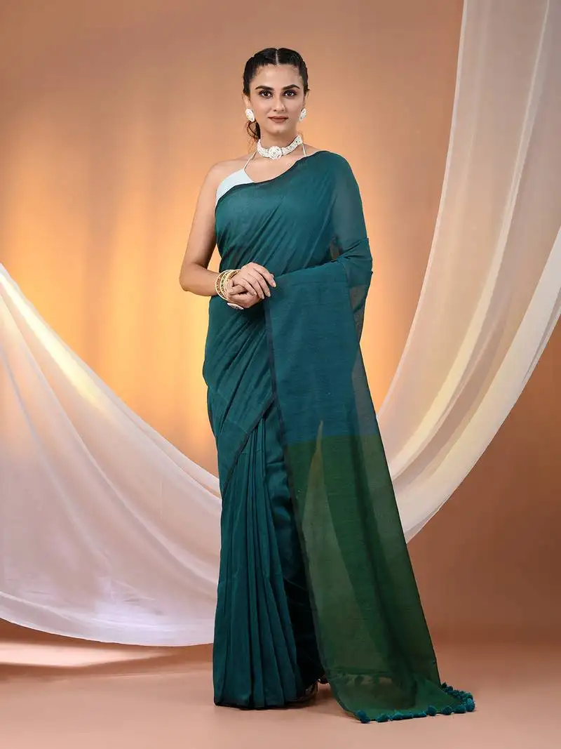 Teal cotton soft saree with contrast green pallu