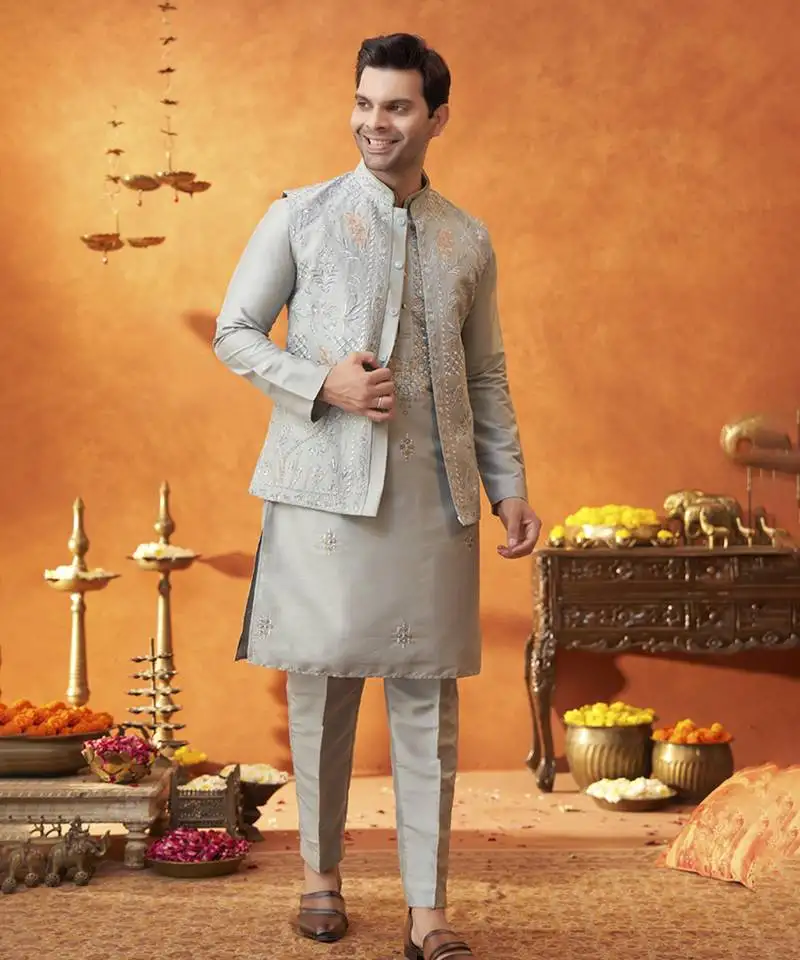 Grey raw silk embroidered nehru jacket set