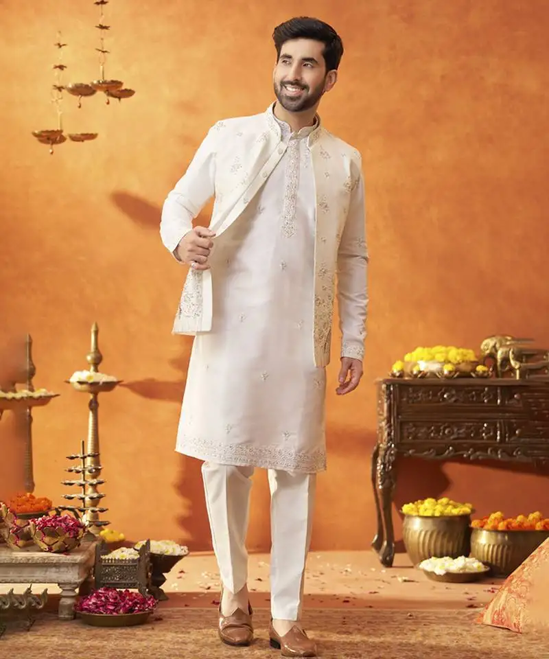 White raw silk embroidered nehru jacket set