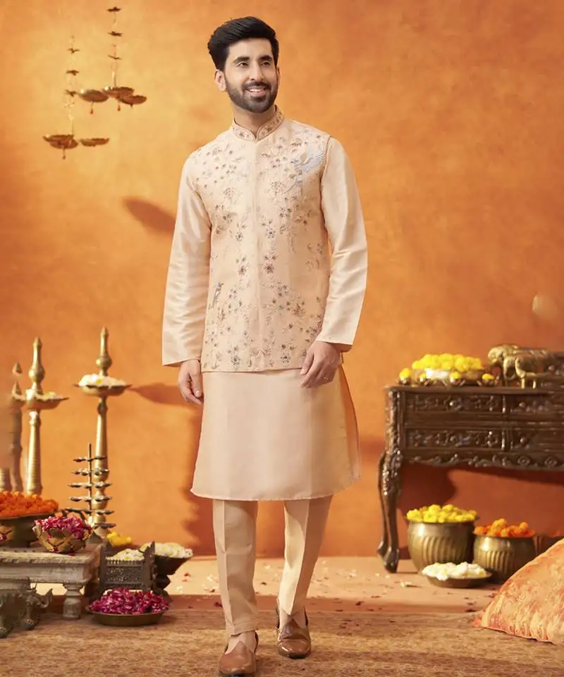Peach raw silk embroidered nehru jacket set
