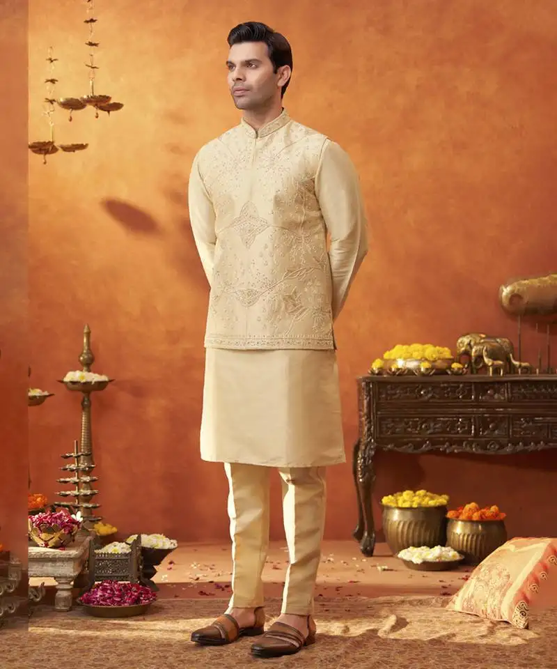 Gold raw silk embroidered nehru jacket set