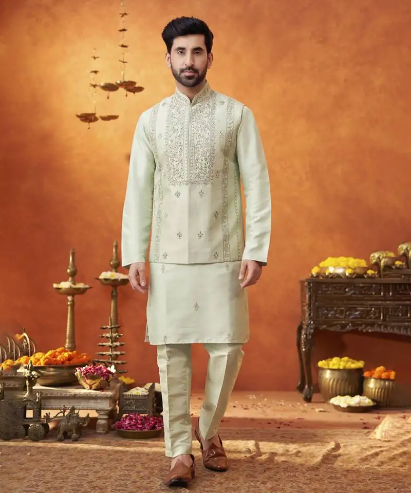 Green raw silk embroidered nehru jacket set