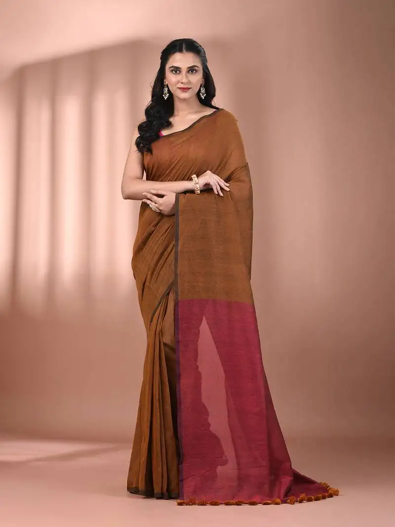 Mustard cotton soft saree with contrast magenta pallu