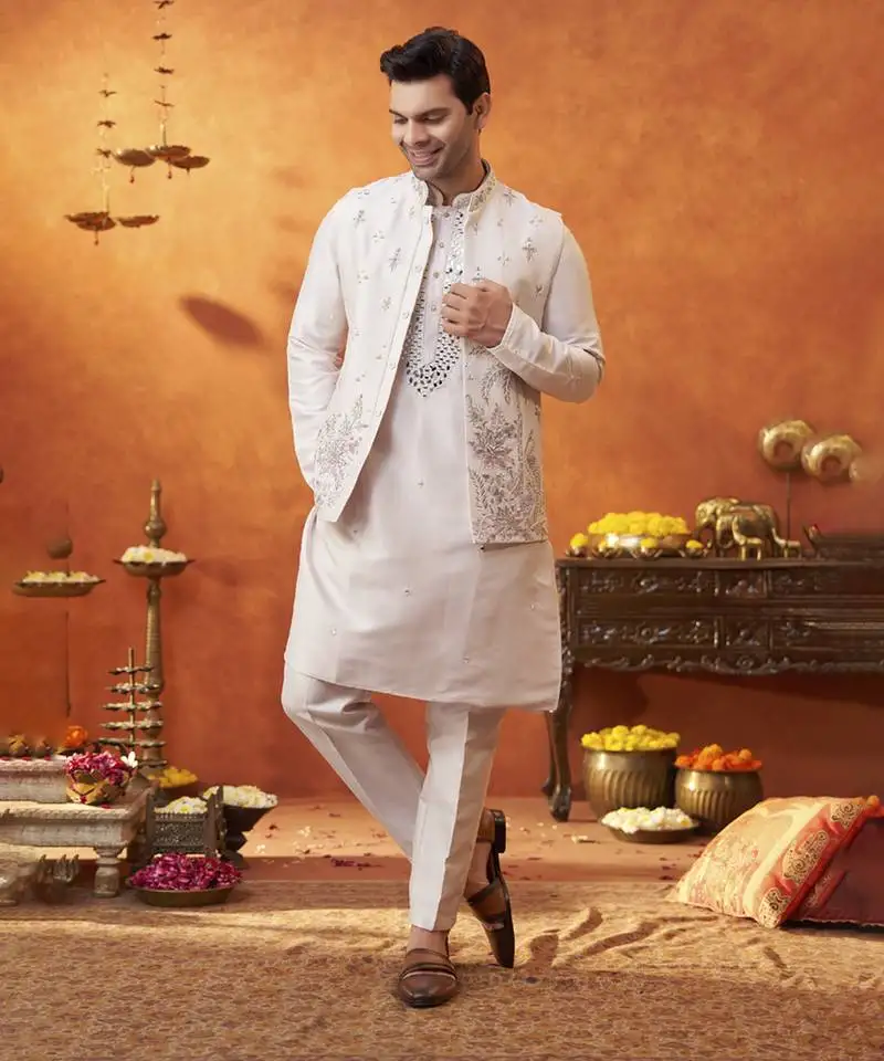 Lilac raw silk embroidered nehru jacket set